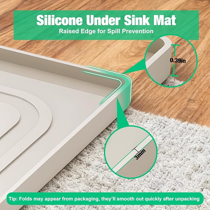 Aisslro Under Sink Mat 22" X 19", Waterproof Silicone Under Sink Mats for Kitchen, Anti-Leak Shelf Liner & Cabinet Protector with Raised Edge, [BPA Free] Bathroom Tray Home Organizer, Beige
