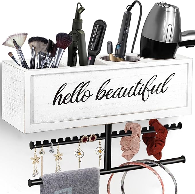 Ronjnndc Rustic Hair Dryer Holder Wall Mounted,Hair Styling Tools & Accessories Organizer,Bathroom Supplies & hot Tools vanities Organizer Caddy,for Storage Flat Iron,Blow Dryer,Curling Iron (White)
