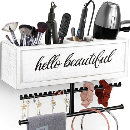 Ronjnndc Rustic Hair Dryer Holder Wall Mounted,Hair Styling Tools & Accessories Organizer,Bathroom Supplies & hot Tools vanities Organizer Caddy,for Storage Flat Iron,Blow Dryer,Curling Iron (White)