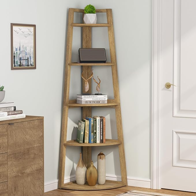 Tribesigns 70 inch Tall Corner Shelf, 5 Tier Modern Corner Bookshelf Bookcase Industrial Corner Ladder Shelf Plant Stand for Living Room, Kitchen, Home Office (Light Brown)