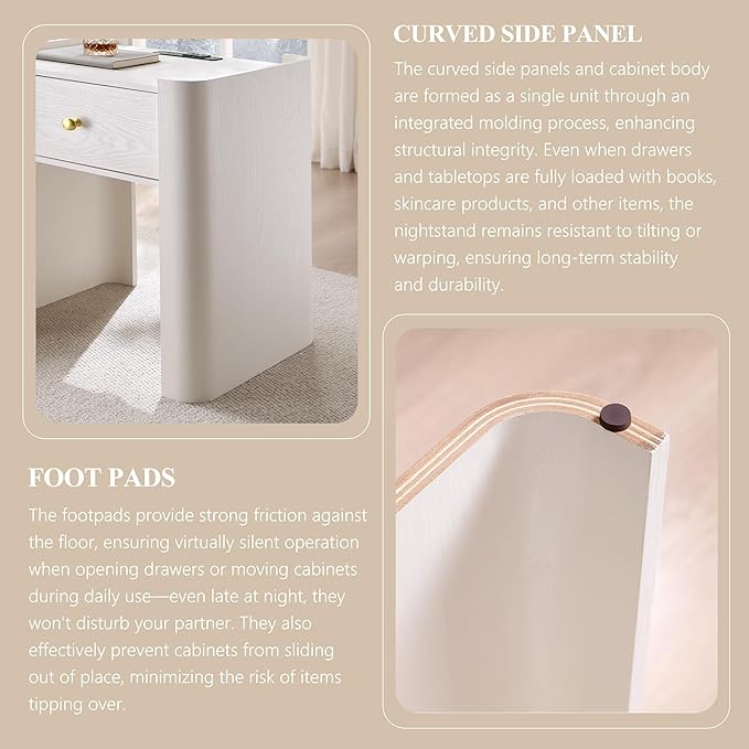IFGET 23.6" Tall Modern Nightstand with Charging Station, 22" Wide Curved Bedside Table with 1 Storage Drawer, Wooden Night Stand, Large End Table for Bedroom, Living Room, White