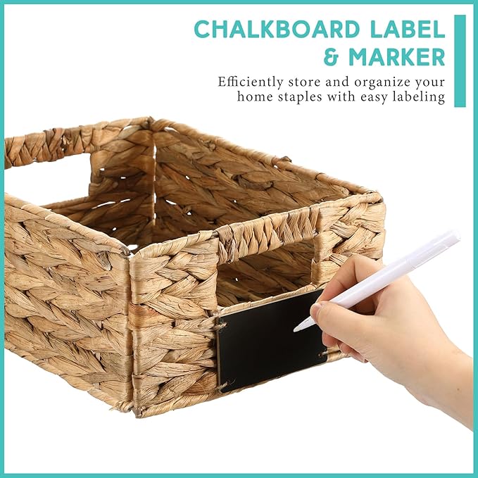 Nitial 8 Pcs 12 x 9 x 5 Inch Wicker Storage Basket, Rectangular Water Hyacinth Storage Baskets for Shelving, Foldable Woven Pantry Organizer with Chalkboard Label and Chalk Marker(Natural)