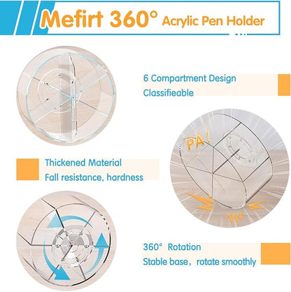 Acrylic Pen Holder, 2 Pack 360 Rotating Organizer With 6 Compartments, Desk Office Storage for 800 Pens, Markers, Crayons and Art Supplies