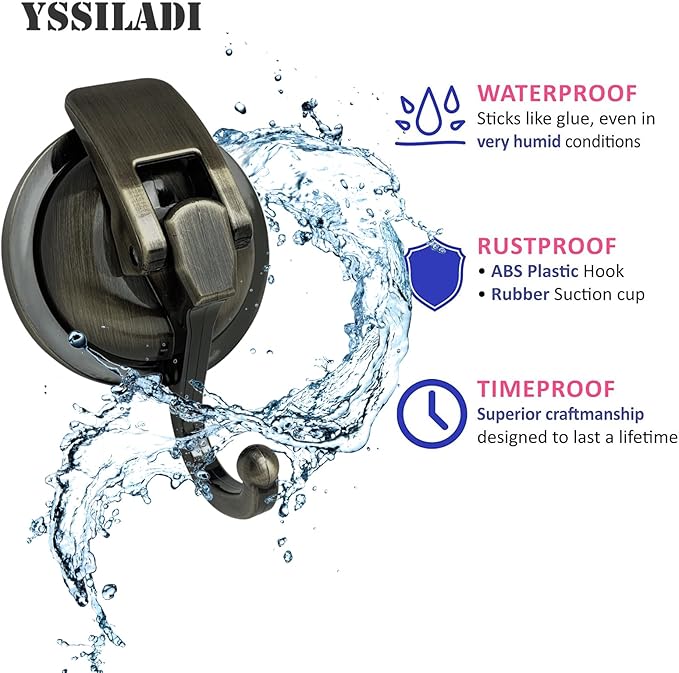 YSSILADI Heavy Duty Vacuum Suction Shower Hooks - Glass Suction Cup Bathroom Robe Hooks, Reusable, No Hole Punched - Bronze, 4 Pack