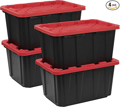 CX BLACK & YELLOW, XTRA TALL 27-Gallon Heavy Duty Tough Storage Container & Snap-Tight Lid, (28.5L x 19.4W x 15.2H), Weather-Resistant Design and Stackable Organization Tote [4 Pack]