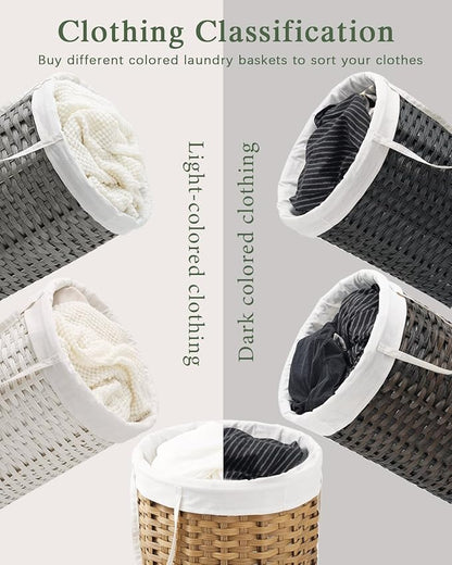 Laundry Hamper Laundry Basket Round 19.0 Gal (72 L) Handwoven Rattan Hamper, Large Wicker Laundry Hamper with Removable Laundry Bag Handles 2 Mesh Bags for Bathroom Living Room Black (No Lid)