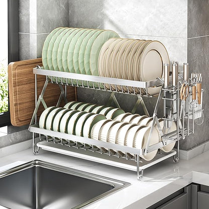 Fenqynsol Dish Drying Rack, 304 Stainless Steel Foldable 2 Tier with Hanging Rack for Kitchen Counter, Dish Rack for Dishes, Utensils, Knives and Cutting Board