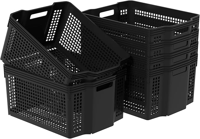 Woven Plastic Shelf Baskets, 6 Pack Stackable Basket Organizer for Pantry, Cabinet, Bedroom, Closet, Laundry Room, 14.8" x 10.9" x 7.1"