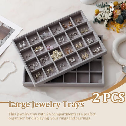 KATISYIO Large Velvet Jewelry Tray 2 Pack Stackable Jewelry Display Drawer Inserts Trays Organizer for Earring Bracelet Necklace Ring (Gray, 24 Grids)