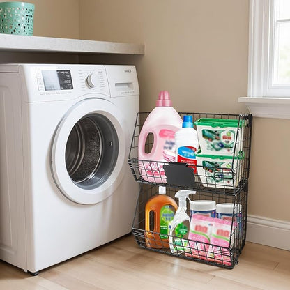 2 Pack Laundry Room Organization and Storage Basket,Wire Stackable Hanging Shelves with 2 Hook,Foldable Laundry Room Accessories Organizer,Hanging Closet Organizer for Towels,Detergent,Tissues