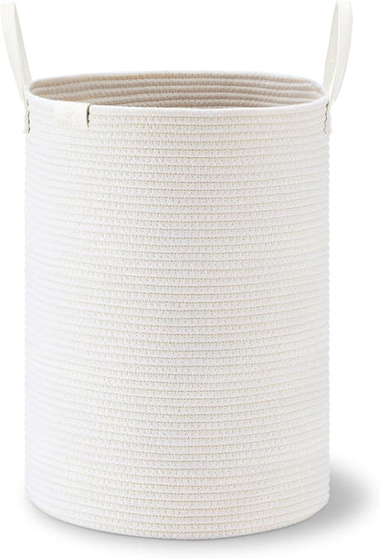 VIPOSCO Tall Laundry Basket, Large Dirty Clothes Hamper with Leather Handle, Woven Rope Storage Basket for Blanket, Toy In Living Room, Bathroom, Bedroom - 72L White