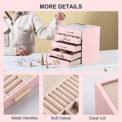 Frebeauty Clear Lid Jewelry Box,5-Layer Jewelry Organizer with Drawer,PU Leather Jewelry Organizers and Storage,Jewelry Boxes for Women,Jewelry Storage for Rings Earring Stud,Gift for Women(Pink)