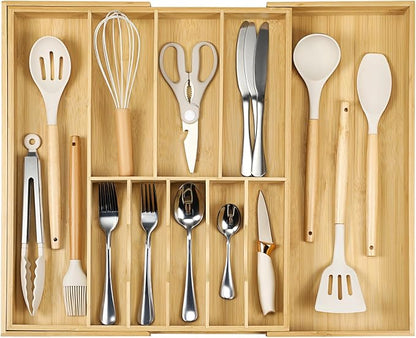 Fabsome Silverware Organizer for Cabinet Drawer, Expandable from 16.7'' to 30'' Wide Bamboo Wood Flatware Tray for Large Kitchen Drawers, Cutlery Utensil Holder