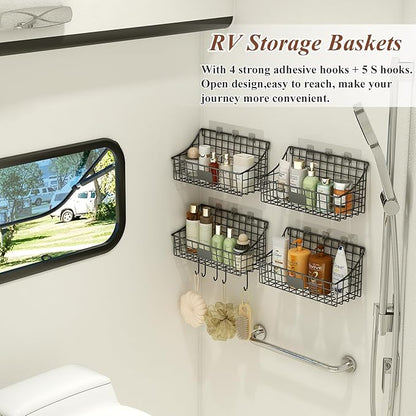 Hanging Wall Wire Basket-4Pack,Large Metal Organizer Baskets & Bathroom Shower Shelf with 4 Adhesive Hooks+5 S Hook, Wall Mounted Baskets & Shelves for Bathroom, Kitchen Storage