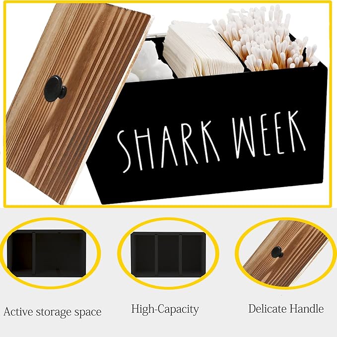 Tampon Holder for Bathroom,Farmhouse Bathroom Organizer,Rustic Wood Bathroom Storage Bin with Lid,Wood Movable Partition Feminine Product Organizer with Lid,Bathroom Accessories Box (Black wood)