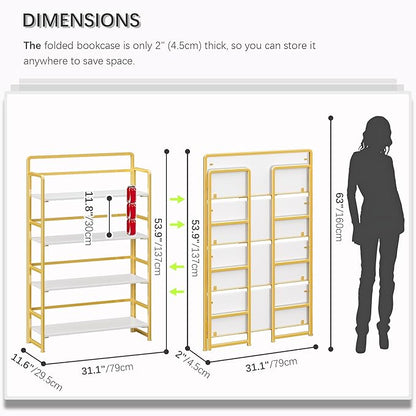 4NM No Assembly Extra Wide 4 Tiers Folding Bookshelf Storage Shelves Vintage Bookcase Standing Racks Study Organizer Home Office (White Gold)