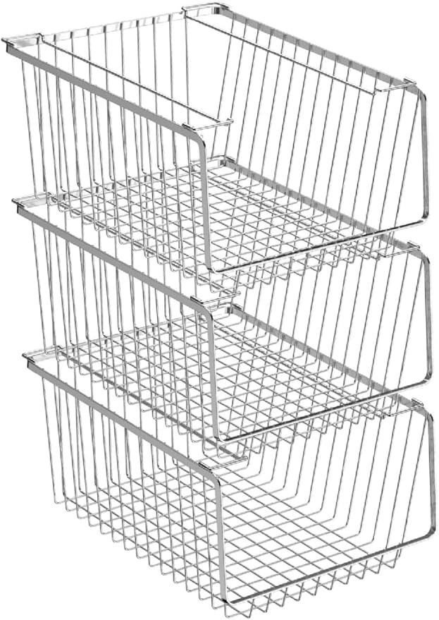 SANNO 14" Stacking Baskets Bin Wire Storage Baskets Organization Farmhouse Scoop Baksket for Pantry, Kitchen, Closets, Bathroom, Cabinets, Kitchen, Narrow, Set of 3