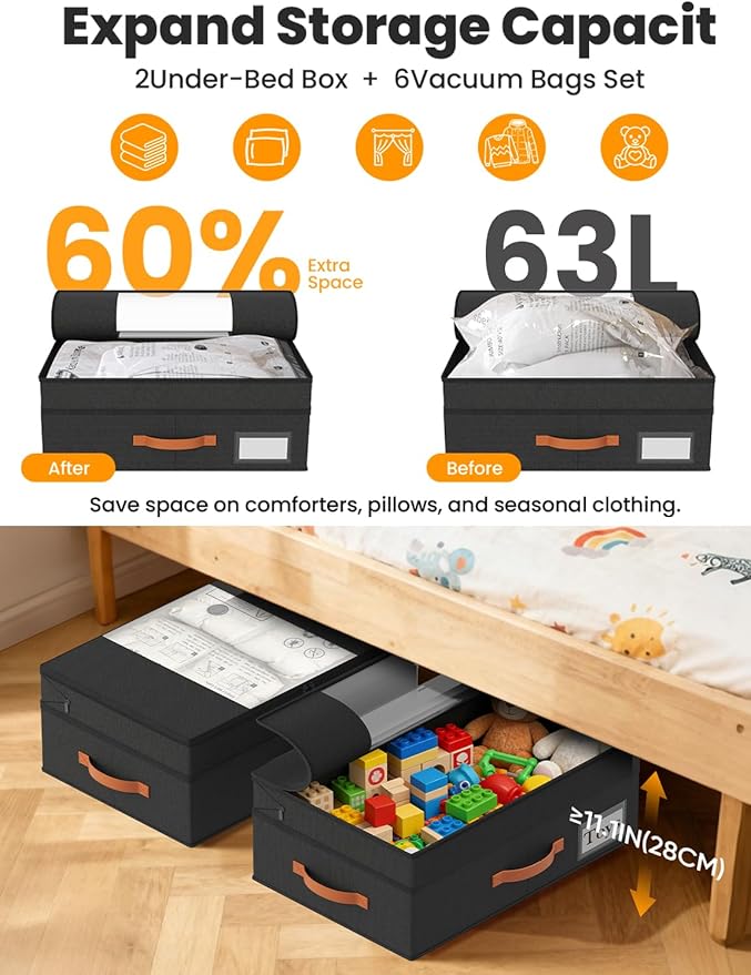 TOSKING Under Bed Storage with Wheels (2 Pack), Adjustable Height 7.9"-10.2", 6 Vacuum Bags, Expandable Rolling Underbed Bins, 600D Oxford Fabric, Drawer Organizer for Clothes, Shoes, Toys, Black