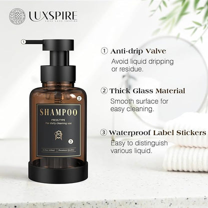 Luxspire Foaming Soap Dispenser, Non-Slip Hand Soap Dispenser with Fast Drying Tray, 15oz Glass Refillable Liquid Bottle for Bathroom & Kitchen, 2 Pack, Brown + Dark Gray