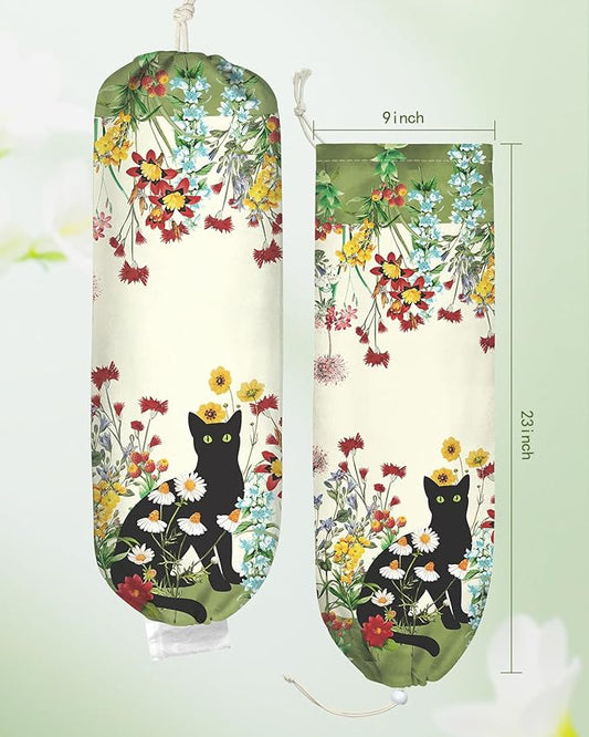 Plastic Bag Holder, Grocery Bag Organizer - 1 Pack Cute Kitchen Dispenser Holders Reusable Shopping Western Hanging Wall with Adjustment Drawstring Closure for Women Home, Black Cat