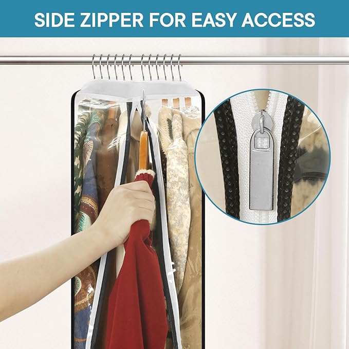 60" Clear Garment Bags for Hanging Clothes, 10" Gusseted Dress Bags with Side Zipper for Gowns and Women's Coats, Long Dress Covers, 3 Pack