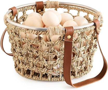 Farmhouse Seagrass Egg Baskets - Handmade Wicker Egg Collecting Basket with Handle