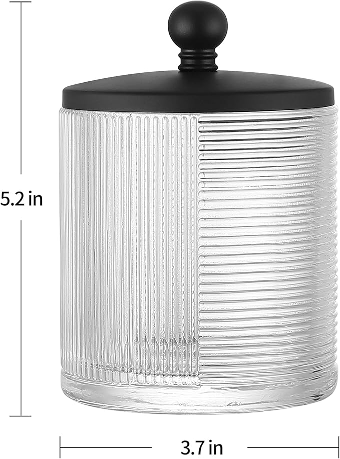 Indecor Home Clear Transparent Apothecary Ribbed Geometric Etched Glass Jar W/Matte Black Metal Lid Cover for Bathroom Organization, Cotton Balls, Q Tips, and Small Accessories, Bathroom Storage