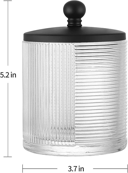 Indecor Home Clear Transparent Apothecary Ribbed Geometric Etched Glass Jar W/Matte Black Metal Lid Cover for Bathroom Organization, Cotton Balls, Q Tips, and Small Accessories, Bathroom Storage