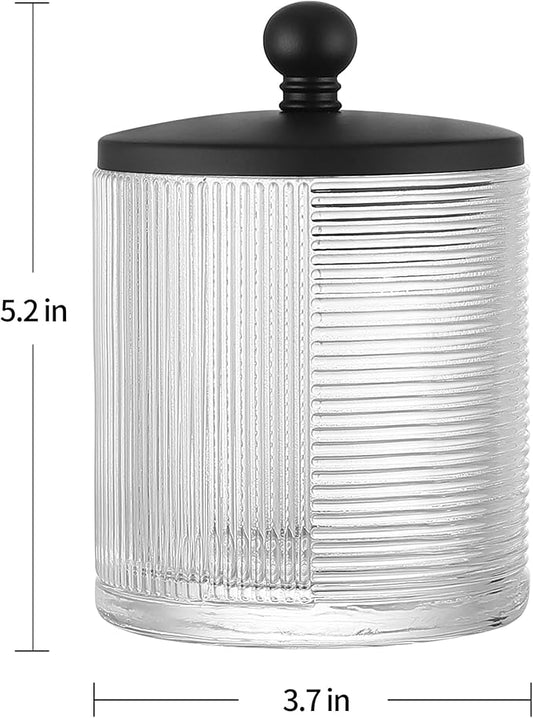 Indecor Home Clear Transparent Apothecary Ribbed Geometric Etched Glass Jar W/Matte Black Metal Lid Cover for Bathroom Organization, Cotton Balls, Q Tips, and Small Accessories, Bathroom Storage