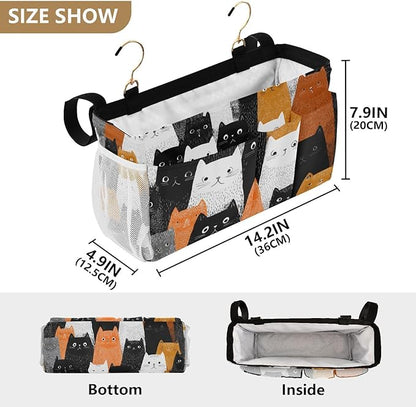 CuwrYet Bedside Caddy Hanging Bunk Bed Caddy Bed Organizer Hanging Pocket with 2 Hooks Bedside Storage Organizer Pocket Bag Holder Black and White Orange Cat