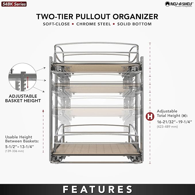 Rev-A-Shelf 2 Tier Pull Out Kitchen Cabinet Storage Organizer with Solid Bottom & Undermount Soft-Close Full Extension Slides, 54BK-18SC-2-1