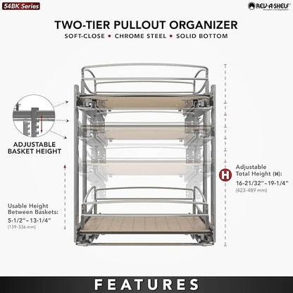Rev-A-Shelf 2 Tier Pull Out Kitchen Cabinet Storage Organizer with Solid Bottom & Undermount Soft-Close Full Extension Slides, 54BK-18SC-2-1