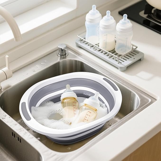 BBQ Prep Tub with Lid, Collapsible Wash Basin 7.5L Dish Tub Sink Basin, 2-in-1 Cutting Board Foldable Dish Pans for Kitchen Sink Camping Picnic Fruits Washing Smoker RV Accessories Kitchen Gadgets