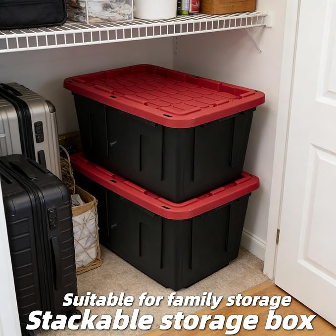 4-Pack 27 Gallon Heavy Duty Storage Bins Durable Polypropylene Plastic with Snap Lock Lids Stackable Large Capacity Organizers Garage Basement Multi-Purpose Storage Containers Black and Red