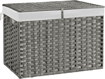 240L Wicker Storage Basket with Lid, Handwoven Rattan Large Shelf Basket with Removable Liner, 63.5 Gallon Wicker Basket for Blanket, Storage Trunk with Handle for Closet, Bedroom, Livingroom, Grey