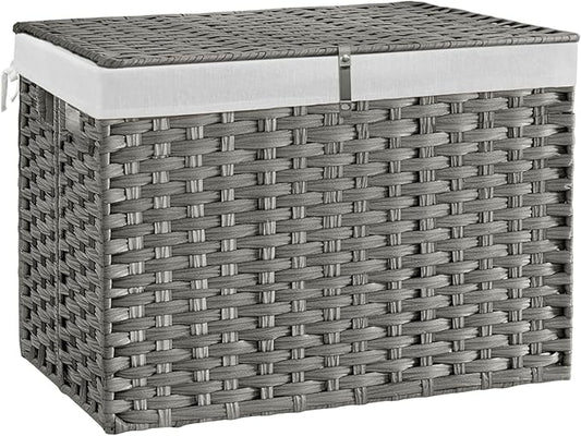 240L Wicker Storage Basket with Lid, Handwoven Rattan Large Shelf Basket with Removable Liner, 63.5 Gallon Wicker Basket for Blanket, Storage Trunk with Handle for Closet, Bedroom, Livingroom, Grey