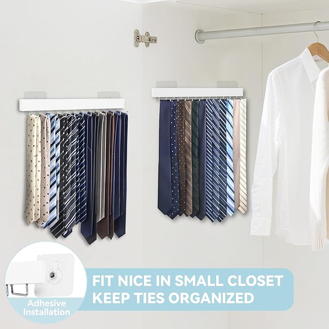 HOMEBROS Tie Rack Wall Mount, Adhesive Wooden Closet Tie Hanger with 24 Metal Hooks, Large Capacity, 2 Installation Options, White, 2 Pcs