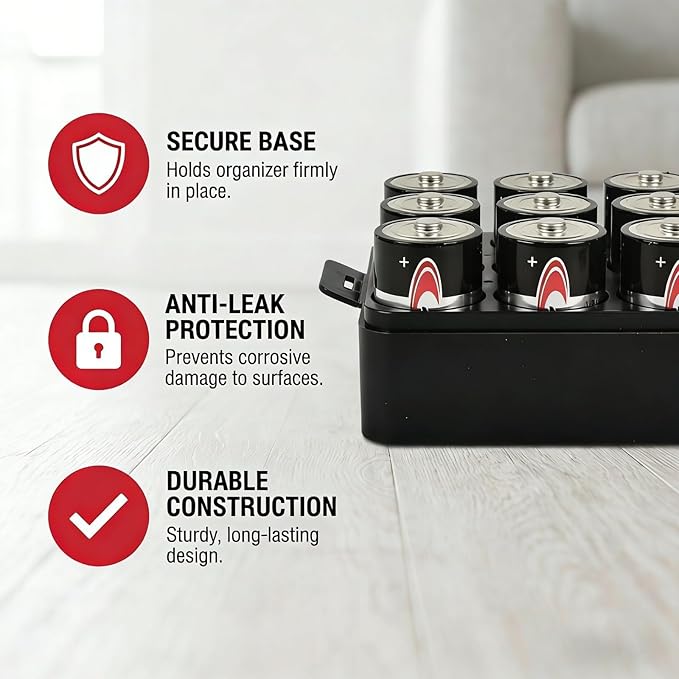 ALCYON Battery Organizer Storage Case, Battery Vault Box Container for 12pcs D Batteries, Plastic Clear Protective Battery Holder for Travelling/Home/Office, Black, Large