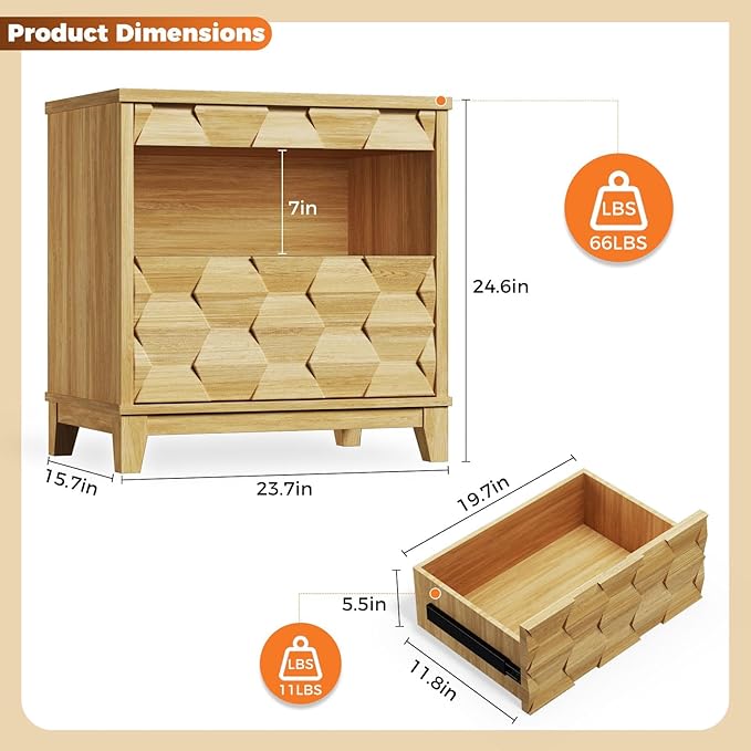 BROTTAR 24" Wide Night Stand with Gun Drawer, Modern Fluted Bedside Table with Unique 3-Dimensional Craft, Wood Sofa Couch End Side Table for Bedroom Office, Natural