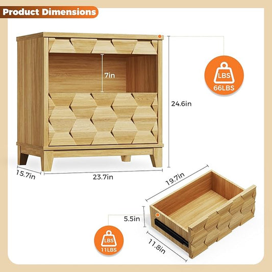 BROTTAR 24" Wide Night Stand with Gun Drawer, Modern Fluted Bedside Table with Unique 3-Dimensional Craft, Wood Sofa Couch End Side Table for Bedroom Office, Natural