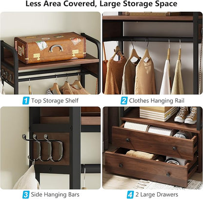 LITTLE TREE 75 inch Tall Freestanding Closet Organizer Small Clothes Rack Coat Rack with Drawers and Shelves, Heavy Duty Small Garment Rack Industrial Hall Tree for Hallway Entryway Bedroom