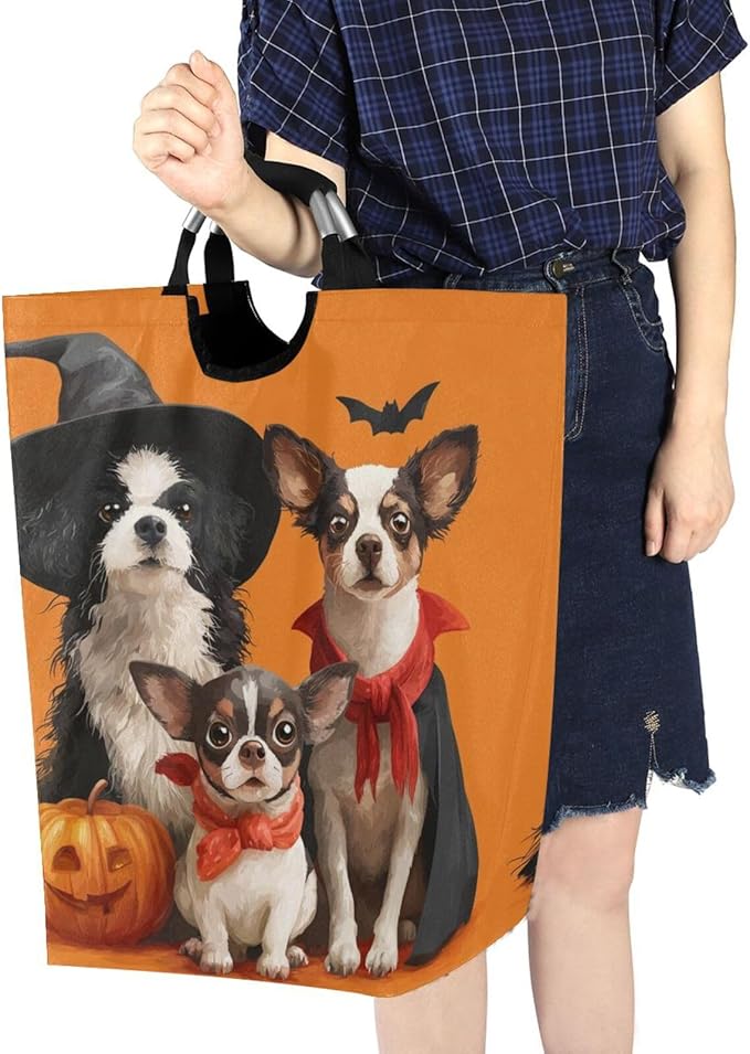 Laundry Hamper Basket Halloween Dogs Orange Storage Basket Collapsible Clothes Hamper with Handle Decorative Organizer Bins Basket for Blanket Toys Bathroom Dorm College