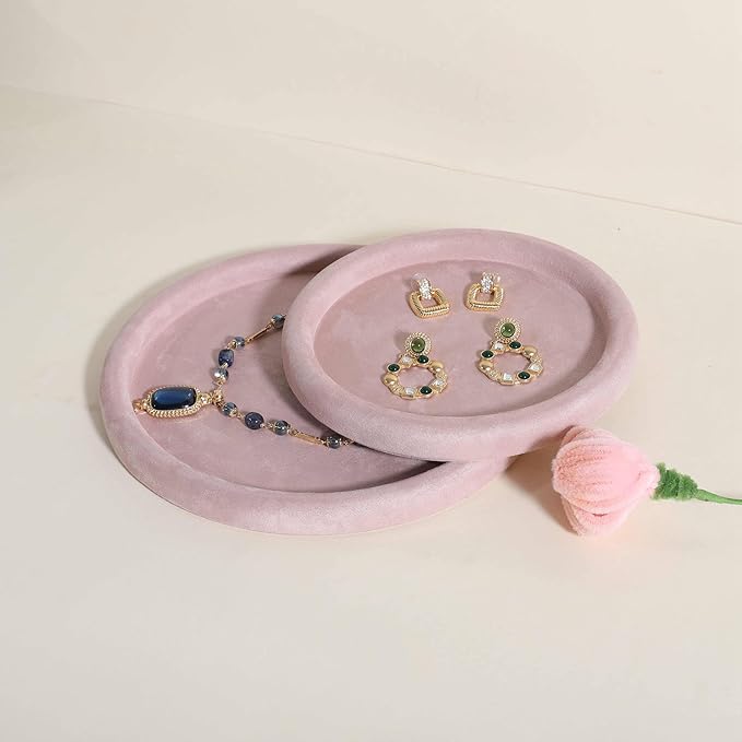 GemeShou Round Jewelry Organizer Plate, Top Microfiber Velvet Jewelry Display Tray, Empty Jewelry Showcase Tray for Necklaces, Bracelets, Rings, Earrings (Pink-Medium, 7.9 x 7.9 in)