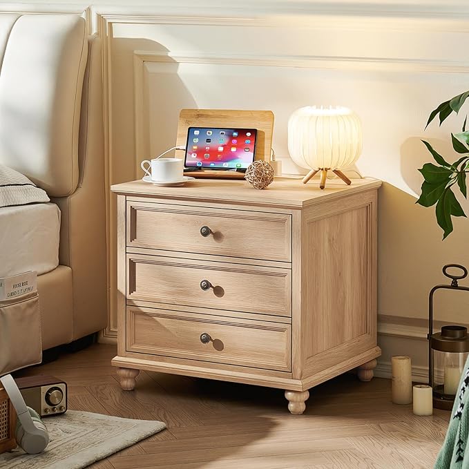 Joaxswe Farmhouse Nightstand with Charging Station, 24" Wide End Table with 3 Drawers,Natural Wood Dresser Cabinet for Bedroom, Bed Side Table Chest of Drawers,Night Stand for Living Room, Closet