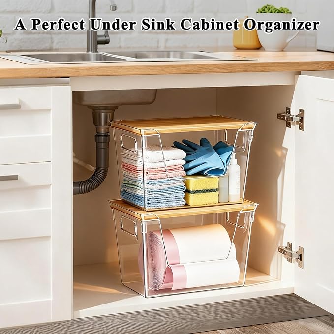 2 Pack Trash Bag Dispenser with Bamboo Lid, Stackable Trash Bag Holder, Large Clear Garbage Bag Organizer for 4-33 Gal Bags, Space-Saving Under Sink Organizer for Kitchen, Laundry, Pantry