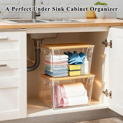 2 Pack Trash Bag Dispenser with Bamboo Lid, Stackable Trash Bag Holder, Large Clear Garbage Bag Organizer for 4-33 Gal Bags, Space-Saving Under Sink Organizer for Kitchen, Laundry, Pantry