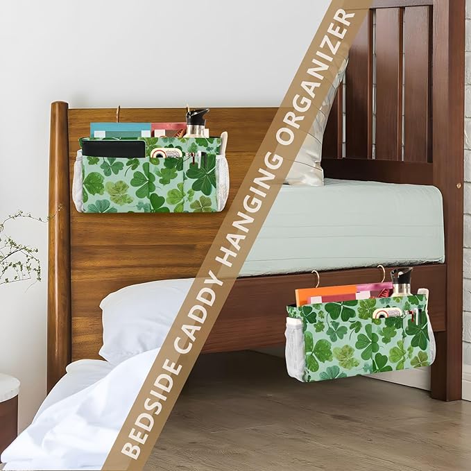 CuwrYet Bedside Caddy Hanging Bunk Bed Caddy Bed Organizer Hanging Pocket with 2 Hooks Bedside Storage Organizer Pocket Bag Holder Green Nature St Patrick Clovers