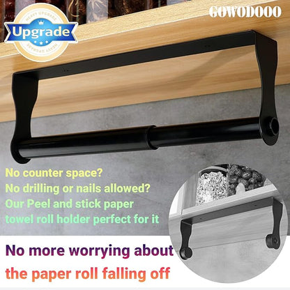 Black Paper Towel Holder Under Cabinet,Wall Mount Self Adhesive Paper Towel Rack for Kitchen,Stainless Steel hanging Paper Towel Rolls Holder,No more worrying about the paper roll falling off