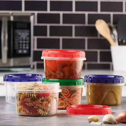ELEGANT DISPOSABLES Twist Top Food Storage Containers 16 oz 24 Pack Plastic Freezer Storage Containers Leakproof Reusable with Screw on Colored Lids