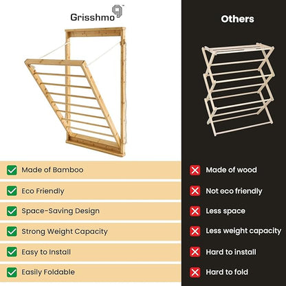 Clothes Drying Rack, Foldable Bamboo Wall Mounted Laundry Rack – Space-Saving, Drop-Down Design – 23" Wide, 40.9" High – Sturdy & Elegant for Home, Laundry Room & Bathroom